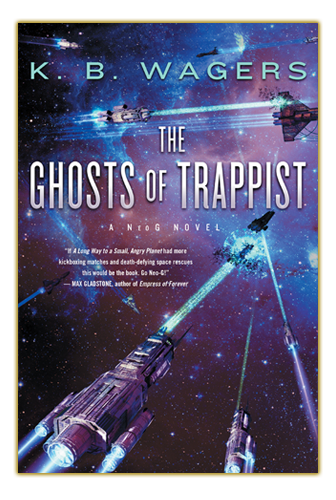 Cover of Ghosts of Trappist by K.B. Wagers, NeoG ships battle it out with pirate ships against a purplish space background.