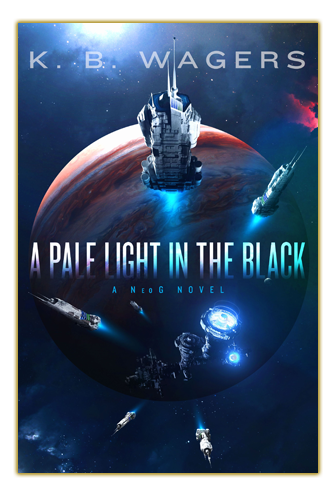 Cover of A Pale Light in the Black by K.B. Wagers, white NeoG ships flying away from Jupiter against the black/star background of space.